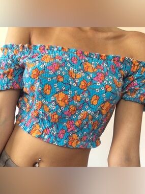Topshop Turquoise Off-Shoulder Floral Smocked Crop Top Size 8